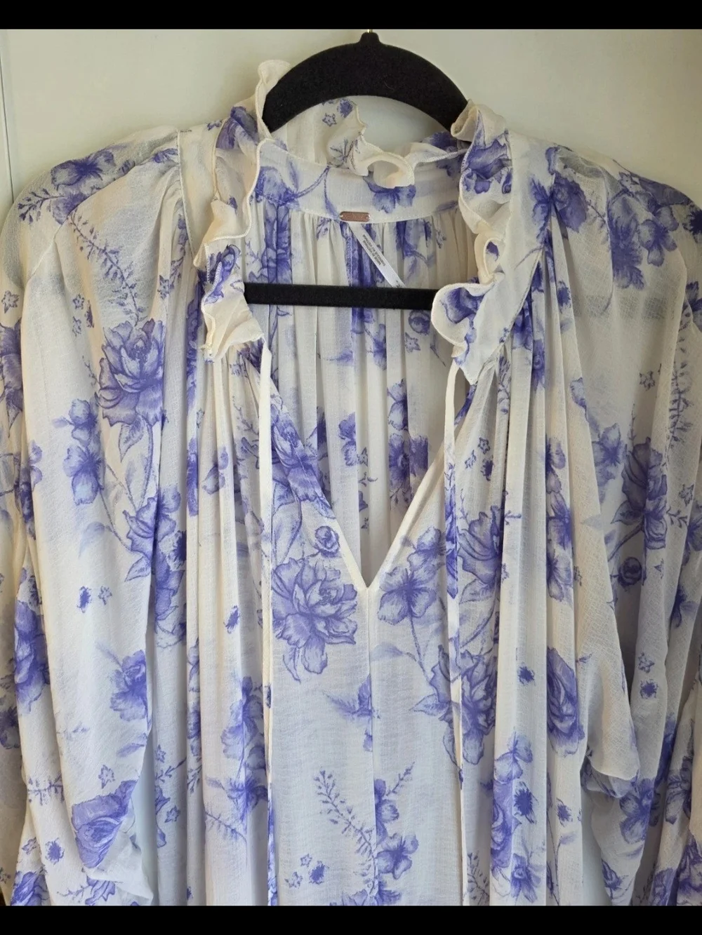 Free People Cream Blouse with Blue Floral Ruffle V-Neck
